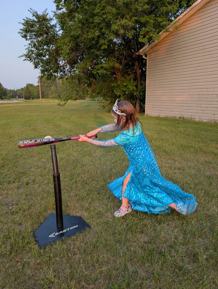 Picture of my daughter taken from the back. She's wearing a blue sparkly princess dress and a plastic crown, hitting a baseball off a t-ball stand with a purple bat. 