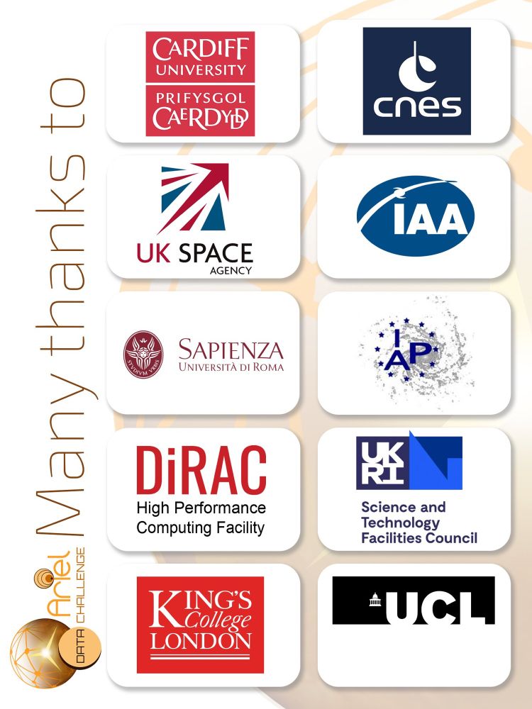 Poster featuring the list of Ariel Data Challenge sponsor logos, including, Cardiff University, UKSA, Rome Sapienza, DiRAC, KCL, CNES, IAA, IAP, UKRI, and UCL.