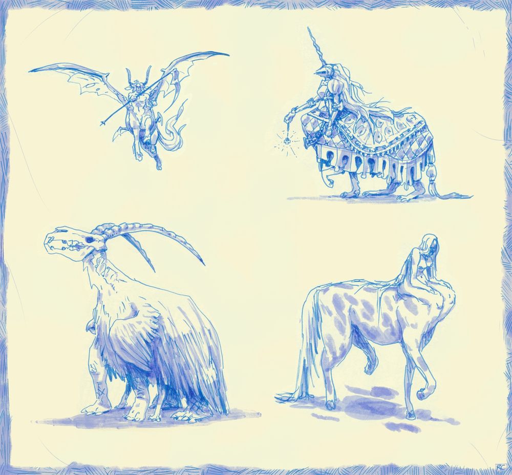 four chimeras, with various combinations of human and animal appendages.