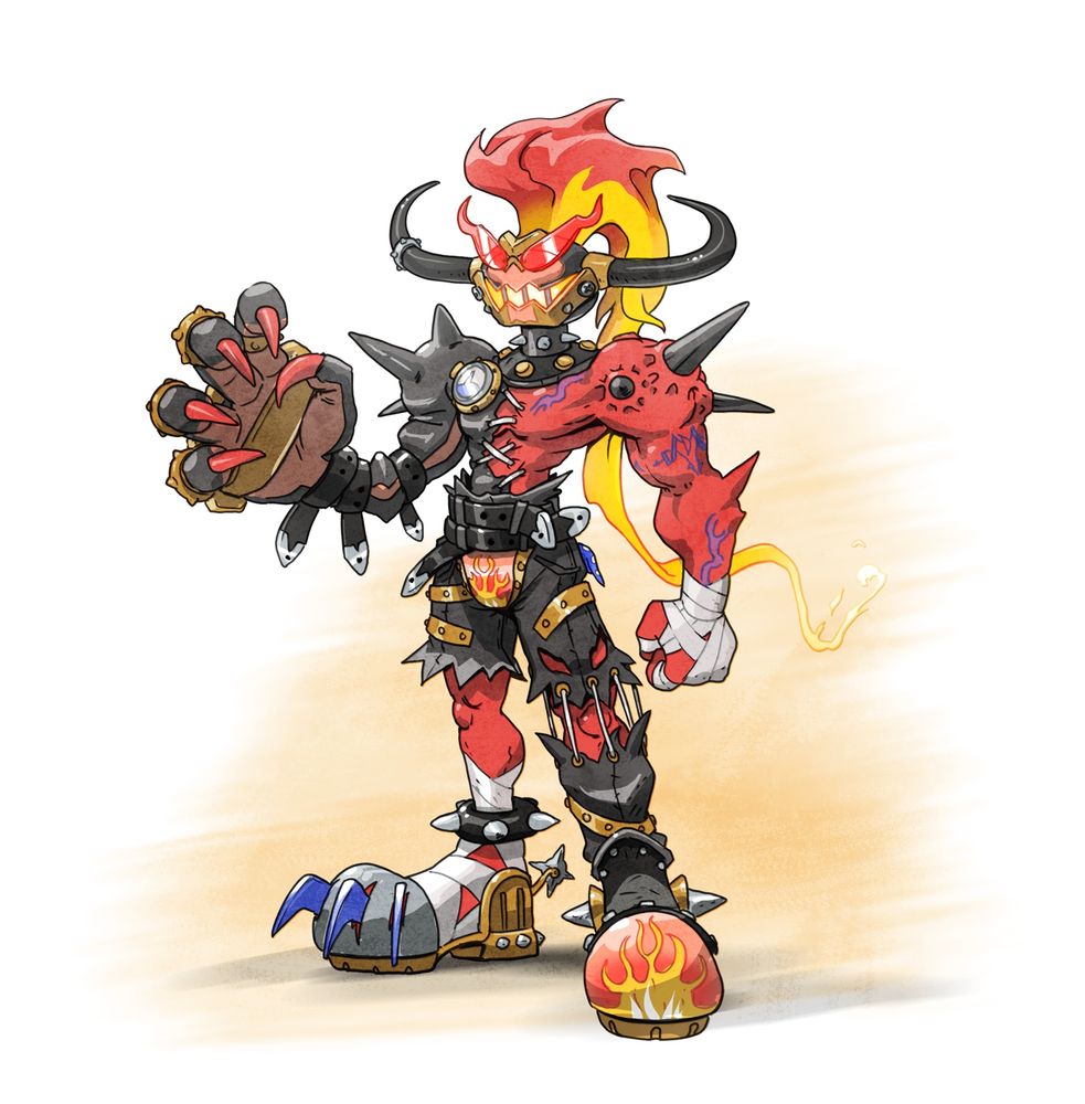a fiery, horned Digmon that is a mix of demon flesh, metal and leather