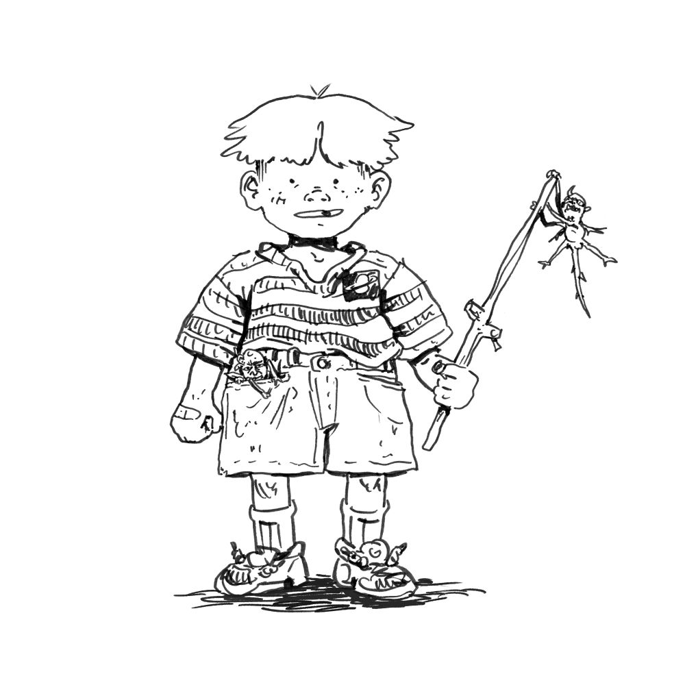 A small child gleefully displays one of the small creeping horrors described in the previous image, as another attempts to crawl out of his pants pocket