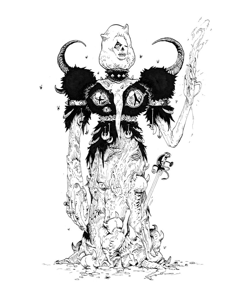 black & white, ink.
A strange demon- its lower half made of a mount of writhing demonic flesh, the upper body is cloaked in a black fur shirt studded with living bestial eyes. The head of the demon is hidden behind a sack made of living skin bearing a withered face 