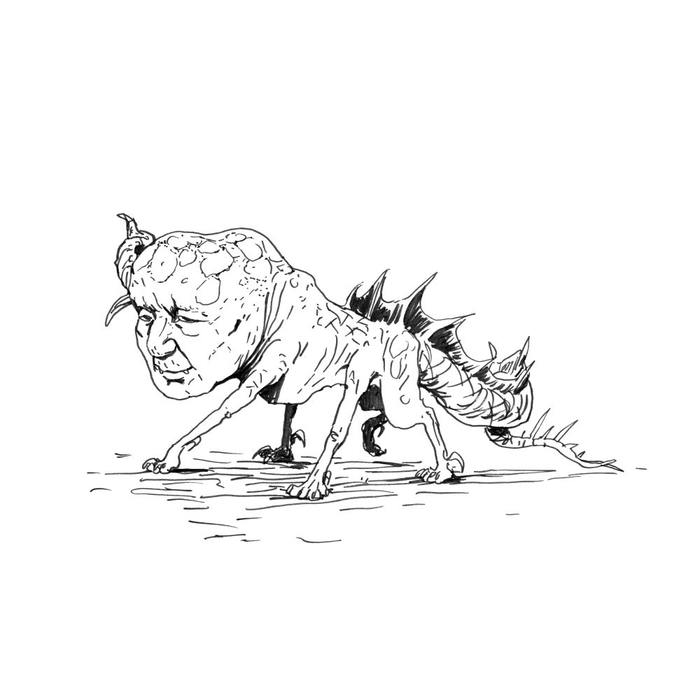 a misshapen homunculus, a human head supported by 5 lizard like-limbs