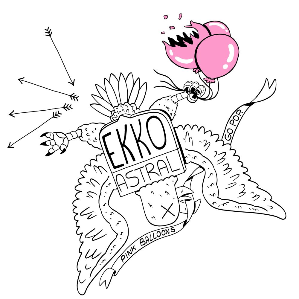 Cover art for Ekko Astral’s new EP release ‘pink balloons: popped’ in which a black and white illustration shows the coat of arms of the United States turned upside down, and a dead eagle clutching pink balloons in its talons with a banner in its beak that reads "pink balloons go pop." One of three balloons is popped and there are four arrows in the air, pointing in different directions.

Cover art by Mattie Lubchansky