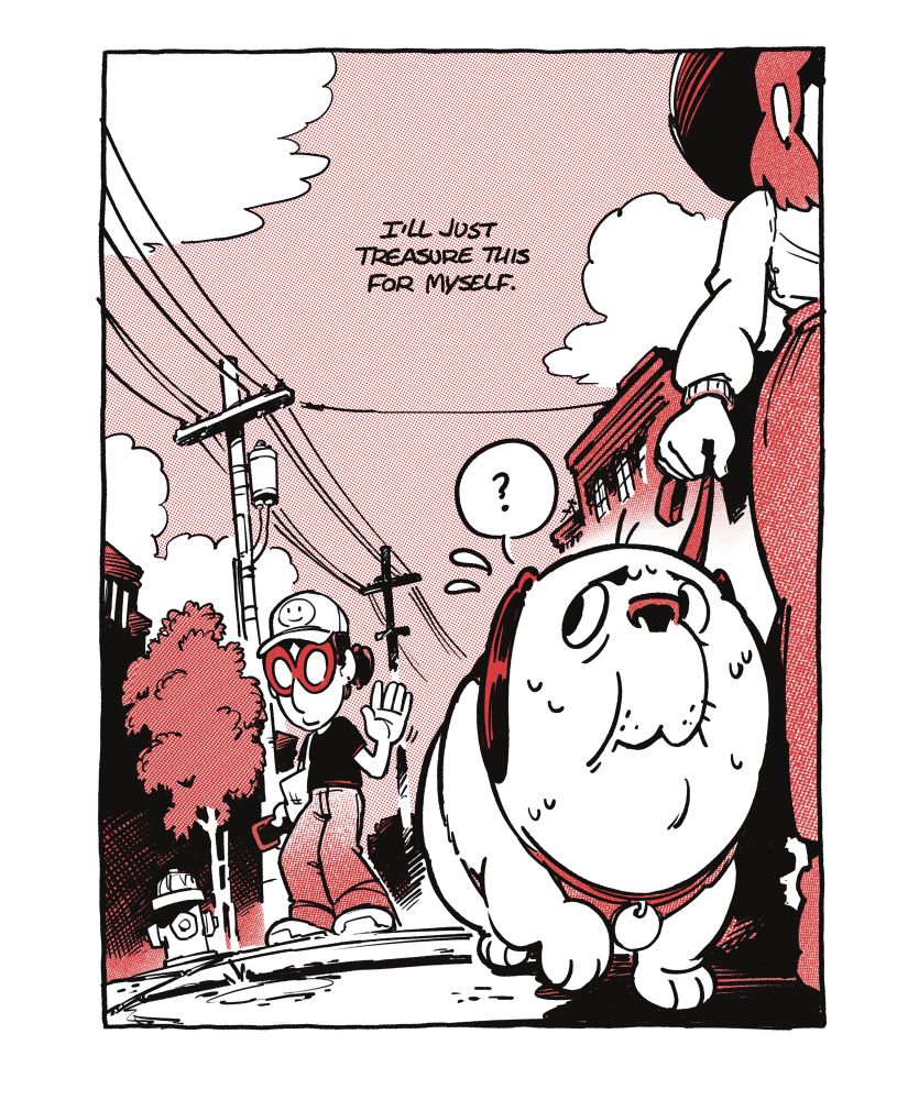 Page four of my comic Hotdog! Single splash panel, wide shot with the dog and owner in the foreground, the dog looking back at me with a side-eye looking concerned. I am in the background meekly waving, narration, “I’ll just treasure this for myself.”