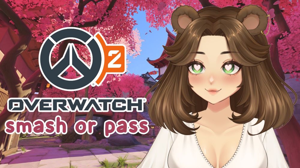 Thumbnail for a YouTube video that reads "Overwatch 2 Smash or Pass". On the right side of the photo, a bear girl can be seen smiling with hearts in her eyes.