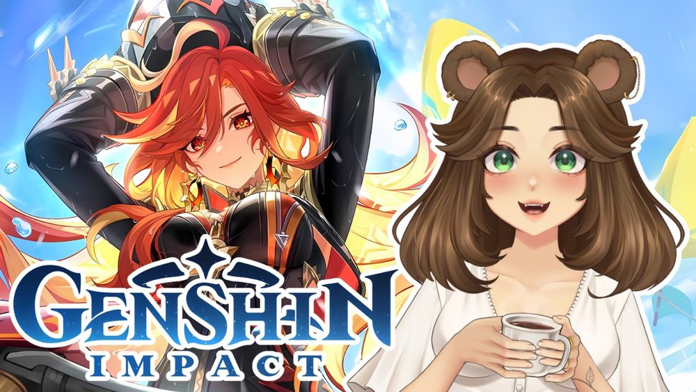 Thumbnail for a Genshin Impact YouTube video. A bear girl oc smiles next to the Pyro Archon, Mavuika.