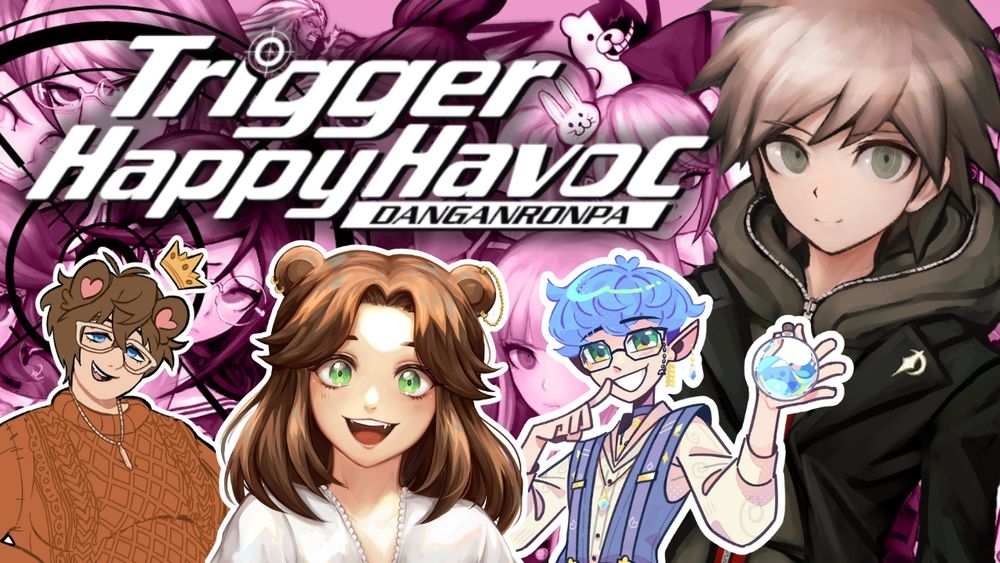 Going live post for beesmiley. Three friends in front of a purply pink background with the game title "Danganronpa: Trigger Happy Havoc" above them. The main character stands off to the right side of the background.