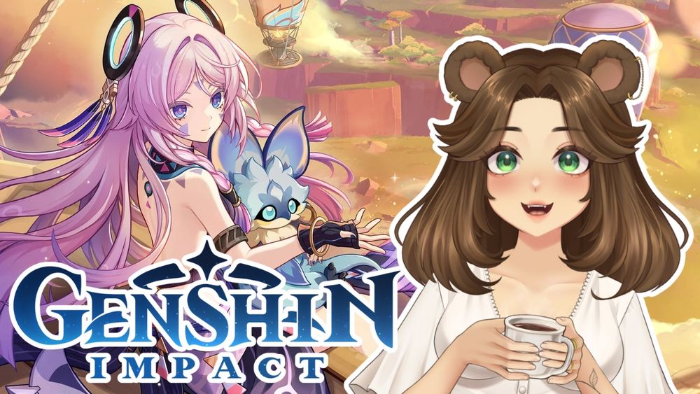 Going live post for twitch.tv/beesmiley. A bear girl smiles and holds a cup of coffee as she looks towards the Genshin Impact character, Citlali.