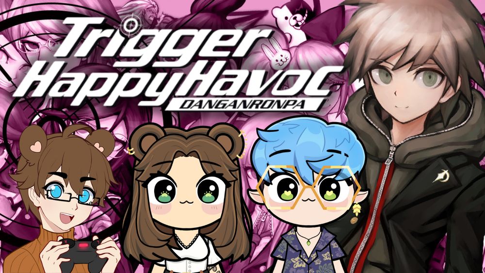 Going live post for beesmiley. Three friends in front of a purply pink background with the game title "Danganronpa: Trigger Happy Havoc" above them.