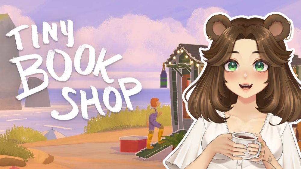A bear girl smiles and holds a coffee cup in her hands. Behind her is the logo and a screenshot from the indie game Tiny Bookshop.