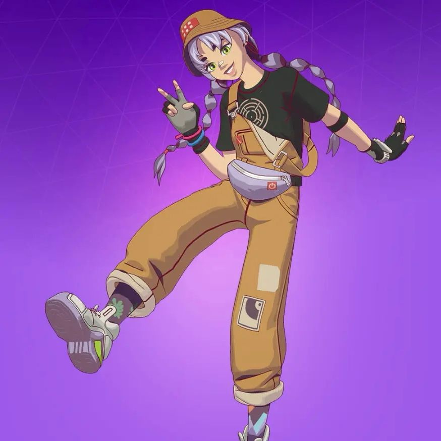 Mae from Fortnite. She’s a girl with purple hair in bubble braids, wearing a black tshirt, brown overalls, and a bucket hat.