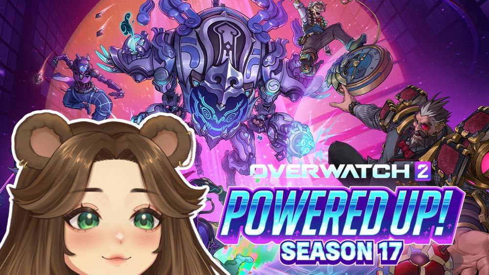 Going live post for twitch.tv/beesmiley. A bear girl oc peaks her head up from the bottom left corner of the photo. Behind her is the cover art for Overwatch 2 Season 17: Powered Up!