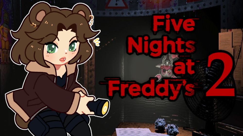 A bear girl oc looks surprised as she holds a flashlight. She wears a brown jacket and black pants. Behind her, a messed up fox animatronic looks into the room. The logo for Five Nights at Freddy's 2 is on the right side of the photo.