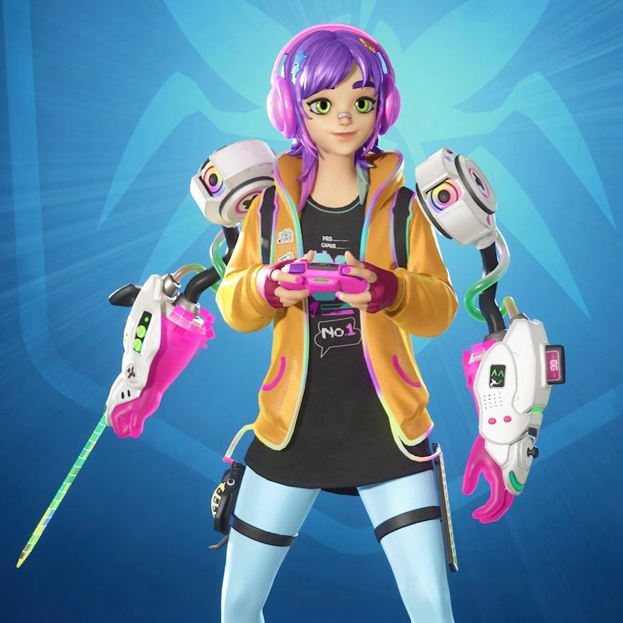 Battle Gamer Mae from Fortnite. Her hair has been cut short. She’s wearing pink headphones, a yellow jacket, and holding a pink game controller. On her shoulders are two mech arms that are game controller themed.