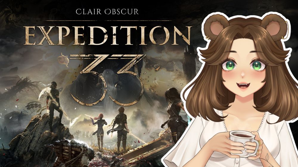 A bear girl smiles and holds a coffee cup. Behind her is the cover of the game Clair Obscur: Expedition 33.