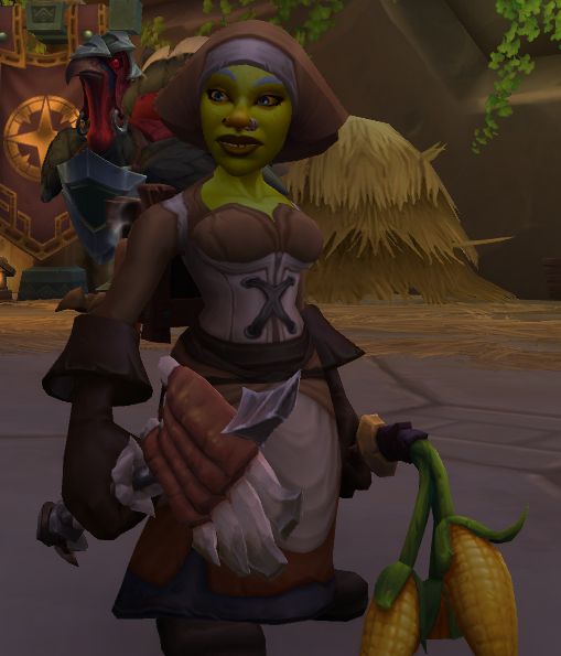 A female goblin from World of Warcraft with blue eyes and silver eyebrows, she has a nose ring and a nose stud. 
She's wearing a brown pilgrim-style outfit with a headpiece and wields a rack of ribs as an axe and an ear of corn as a mace.