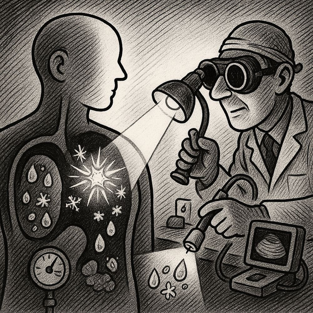 Black-and-white pen-and-ink cartoon: a clinician in bulky welding goggles directs a tight beam from a lamp into a patient’s translucent torso. Inside, a bright starburst flares on a tumor while nearby droplets and snowflake shapes remain untouched. The doctor grips a cable-tethered probe; a dial gauge on the abdomen and a small console suggest monitored, light-activated therapy.