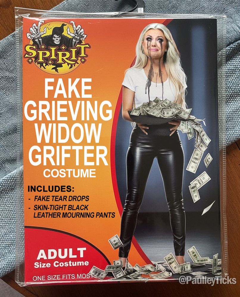 Erika Kirk Halloween costume: latex pants, white shirt, black tears and wads of dollar bills