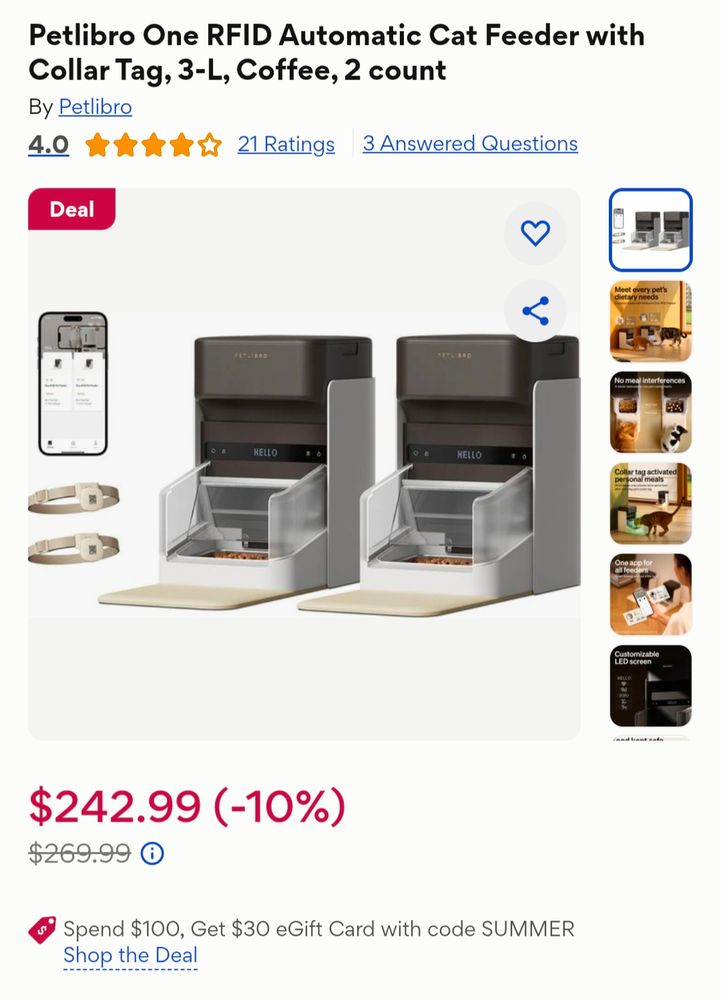 A screenshot from the Chewy website for a product called "Petlibro One RFID Automatic Cat Feeder with Collar Tag, 3-L, Coffee, 2 count." The listing displays a picture of two of the units sitting side-by-side next to an image of two collars with ID chips set in them and a cell phone displaying the associated app. The product is listed for $269.99 but is on sale for $242.99.