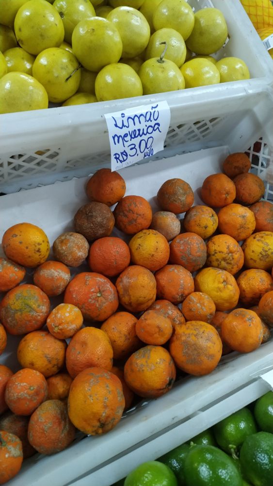 Foto de um monte de limão na cor laranja escrito limão mexerica 3 reais