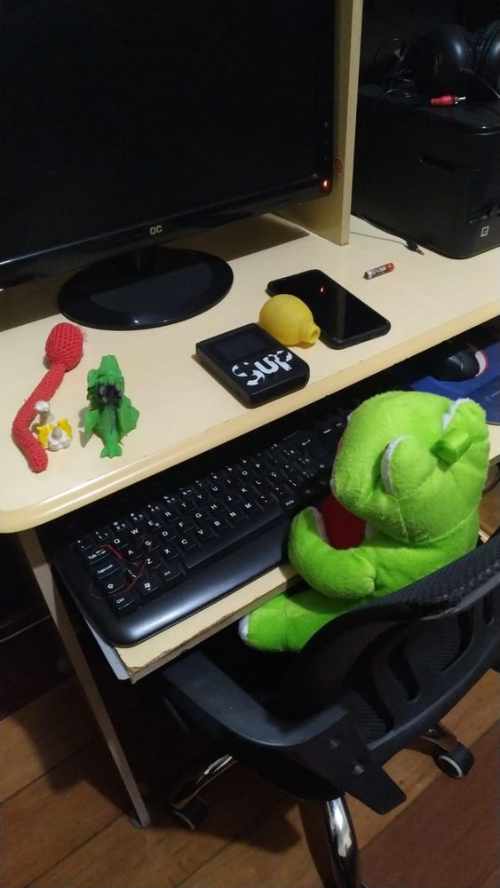 Foto de um sapo de pelúcia em frente a um computador