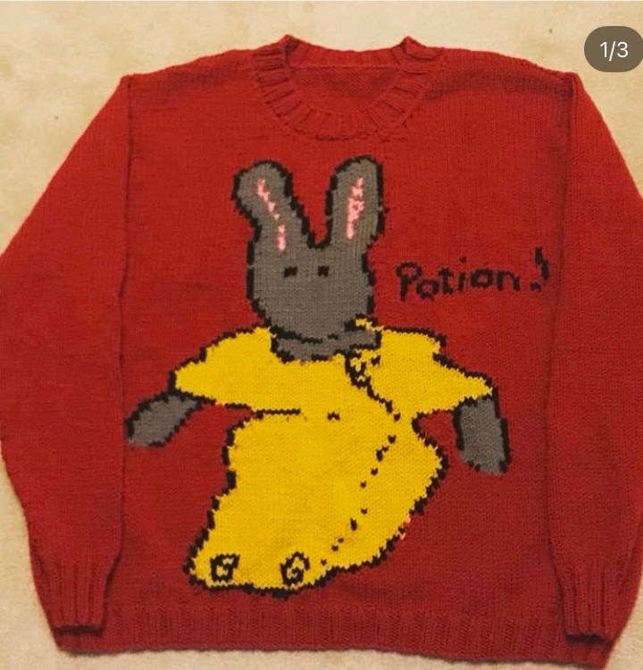 Red jumper with grey rabbit toy in a yellow garment and the name Potion! worked in intarsia knitting