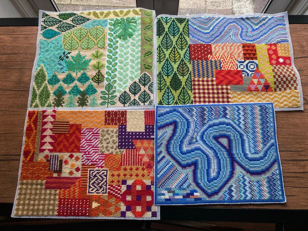 All 4 scrappy tapestries together - one green, one blue, one red, one mixed
