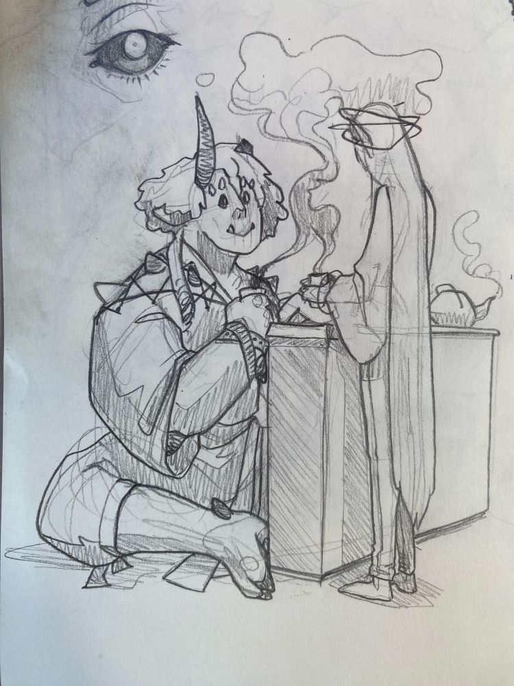 Serak drinks tea with an elf (Liirem), using a bar-height countertop while sitting on the floor.