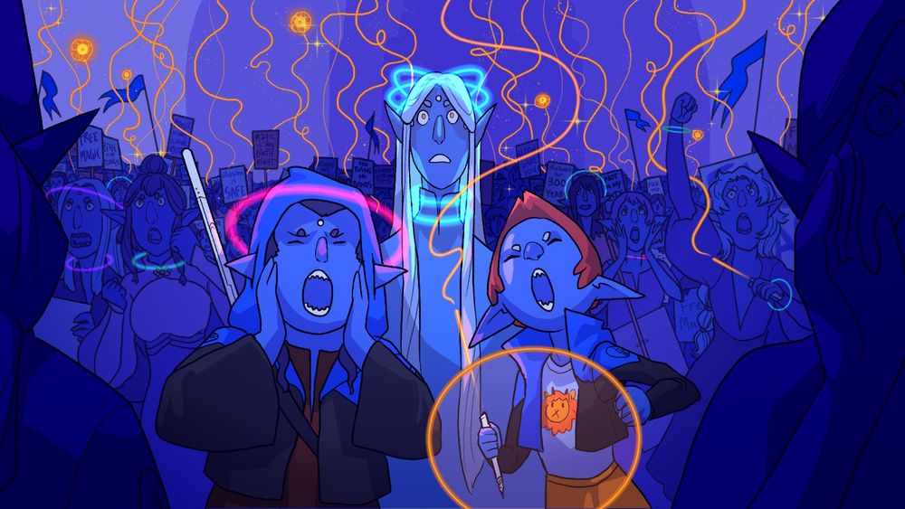 Liirem, a tall elf with long, flat hair and glowing blue bands around his head and neck, looks past the camera with some alarm. He stands in a crowd of screaming elves with flags and protest signs. He stands with his sister Mia (with dyed red hair, a magitech wand, and a shirt featuring a cartoon lion) and her friend Rhem (wearing a red band halo-like around his head, with a staff on his back), who are both yelling along with the crowd.