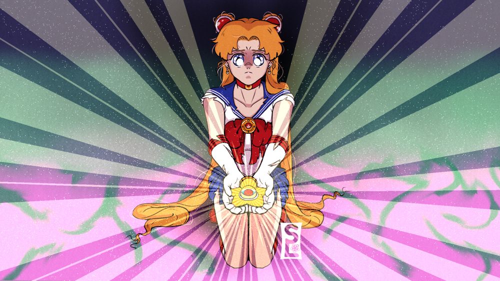 2025 sailor moon redraw of sailor moon holding out mamoru's star locket, looking desprate and roughed up