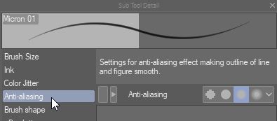 Anti- Aliasing settings; i wish it was a little more robust than 4 settings but it could be worse. the second slide is what the first micron pen is set to, and i believe the 4th slide is what most of the market settings use. 