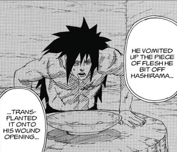 Madara (de Naruto) vomitando o pedaço de carne de Hashirama que ele arrancou e engoliu, para depois implantá-la no lado esquerdo de seu peito.