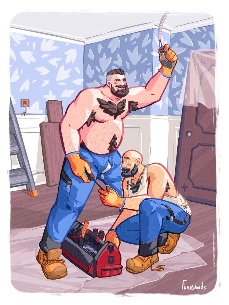 Two electricians working in an apartment under renovation.  the first, standing, tries to retrieve the screwdriver that his colleague, crouching, hands him.  The first guy's zipper is open revealing his jockstrap, coming face to face with his colleague's face.