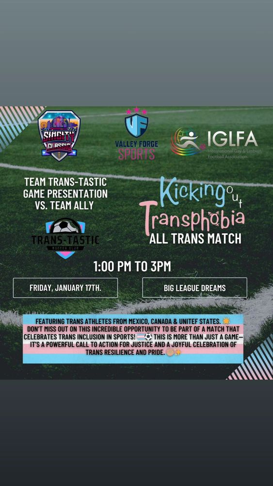flyer for Kicking out transphobia on Friday Jan 17 from 1 to 3 at Big league dreams in Las Vegas