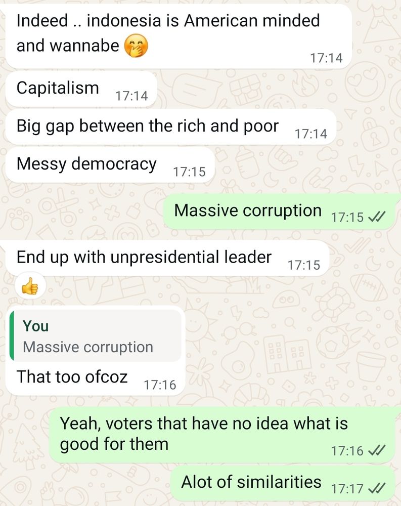 Screen grab of WhatsApp chat between Indonesian and foreign partner discussing the proposition that The US is like Indonesia. 