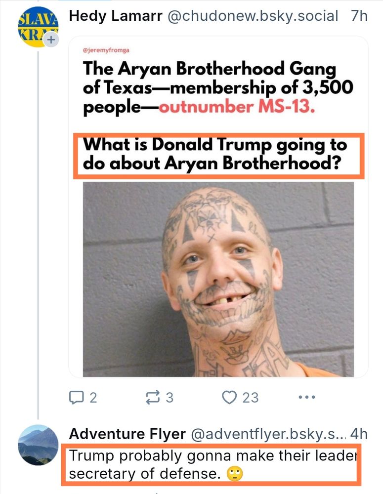 Picture of a heavily Tattooed face of an Aryan brotherhood gang member who is jokingly being suggested as Trump's possible pick for defense secretary