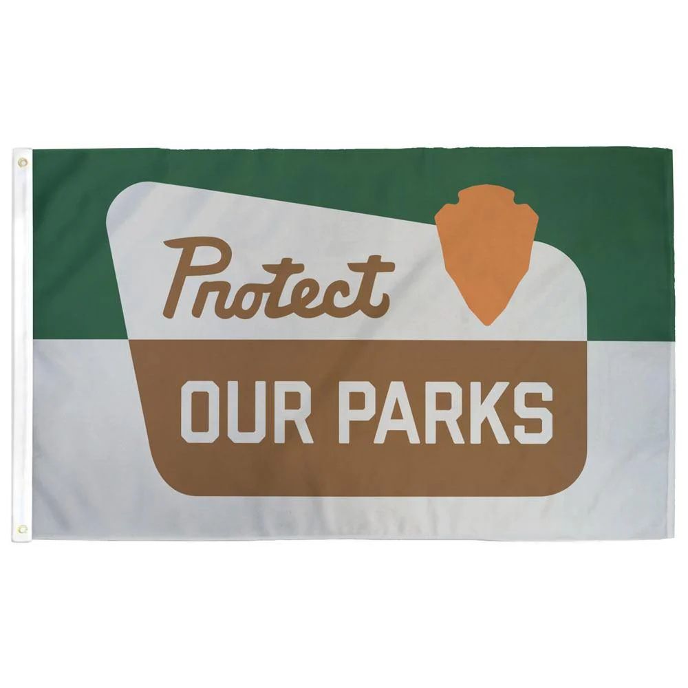 Photo of a protect our parks flag from Flags for Good.  They also have a sticker with the same image.