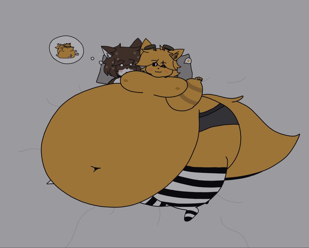 An alt image of the brown femboy fox and the orange fox bee hybrid twink used to be snuggling, but now the orange fox bee boy is fatter and squishing the brown femboy fox who is sweating nervously.