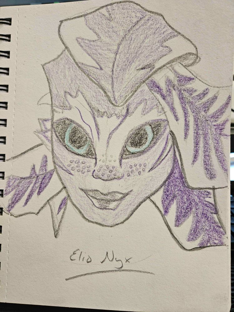 A coloured pencil drawing of a purple sylvari