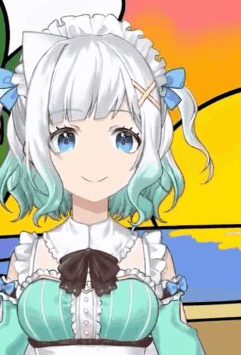 a girl with white hair and blue eyes is wearing a maid outfit and smiling