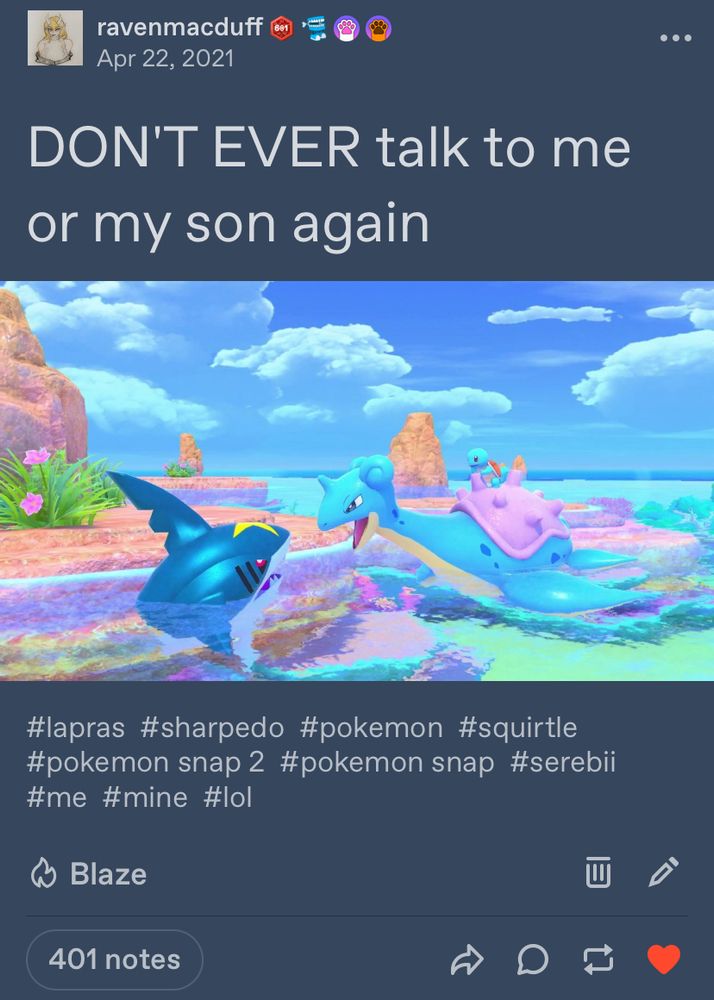 A Lapras angrily telling a sharpedo to buzz off and stop talking to her son, a squirtle, that's riding on her back. 