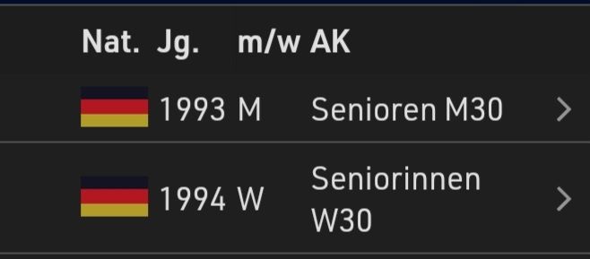 Aus der Anmeldeliste eines Laufes: 
1) Nationalität deutsch, Jahrgang 1993, Geschlecht M, Altersklasse Senioren M30
2) Nationalität deutsch, Jahrgang 1994, Geschlecht W, Altersklasse Seniorinnen W30
