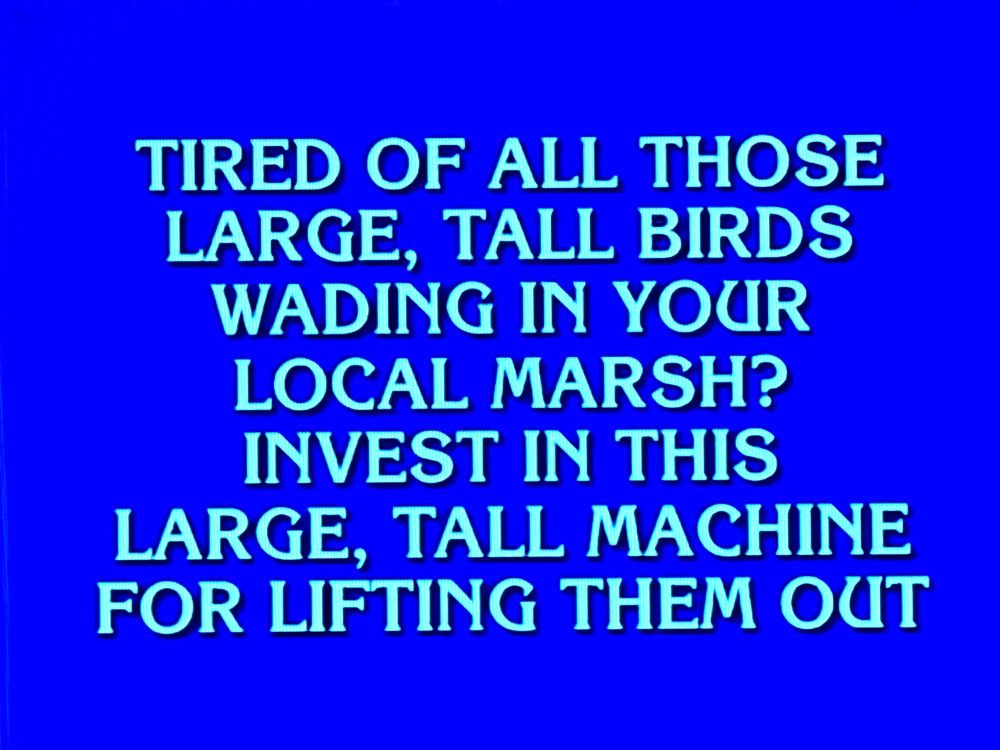 [A Jeopardy! clue in white serif text on a bright blue background reading: "Tired of all those large, tall birds wading in your local marsh? Invest in this large, tall machine for lifting them out"]

The International Crane Foundation works worldwide to conserve cranes and the ecosystems, watersheds, and flyways on which they depend. We provide knowledge, leadership, and inspiration to engage people in resolving threats to cranes and their diverse landscapes.

www.savingcranes.org