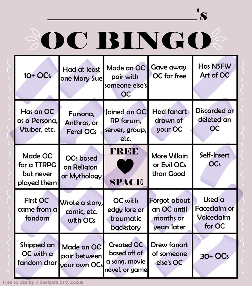 Completed OC bingo card with 8 completed bingos encapsulating the following squares:
- 10+ OCs
- had at least 1 Mary Sue
- made an OC paired with someone else's OC
- has NSFW art of OC
- has an OC as a persona, vtuber, etc
- fursona, anthros, or feral OCs
- joined an OC RP forum, server, group, etc
- had fanart drawn of your OC
- discarded or deleted an OC
- first OC came from a fandom
- wrote a story, comic, etc with OCs
- OC with edgy lore or traumatic backstory
- forgot about an OC until months or years later
- used a faceclaim or voiceclaim for an OC
- shipped an OC with a fandom char
- made an OC pair between your own OCs
- created OC based off a song, movie, novel, or game
- drew fanart of someone else's OC
- 30+ OCs

The only 3 spaces not filled are:
- gave away OC for free
- made OC for a TTRPG but never played them
- more villain or evil OCs than good".