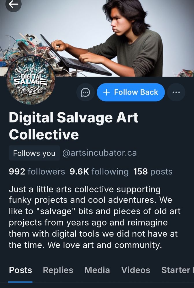 Screenshot of the bluesky profile @artsincubator.ca with an AI generated banner image of a person hunched over a laptop, hands awkwardly curled in half fists in a nonsense way. The profile, with bitter irony and lack of self-awareness, reads: "Just a little arts collective supporting funky projects and cool adventures. We like to "salvage" bits and pieces of old art projects from years ago and reimagine them with digital tools we did not have at the time. We love art and community."