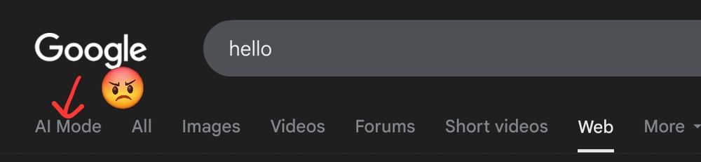 Screenshot of the Google search bar with the new forced "AI Mode" in front of the usual All, Images, Videos, etc options.