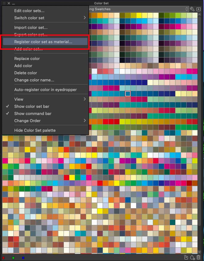 The color Set palette in Clip Studio Paint with a dazzling array of colors. There is a menu open in the top left corner of the palette, with "Register color set as material" highlighted.