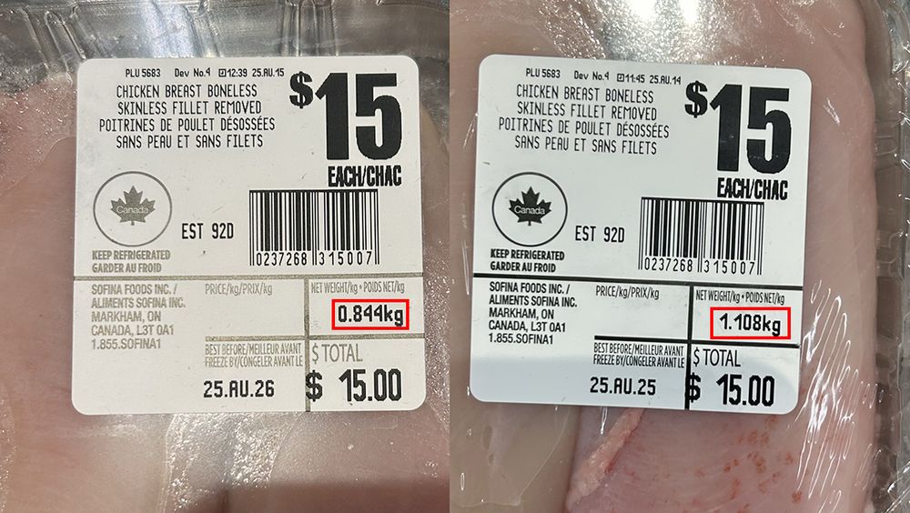 Price labels, side by side, for boneless chicken breasts. Both cost $15. One weights 855g, the other weighs 1108 grams. That's a 264 g / 0.58 pounds difference.