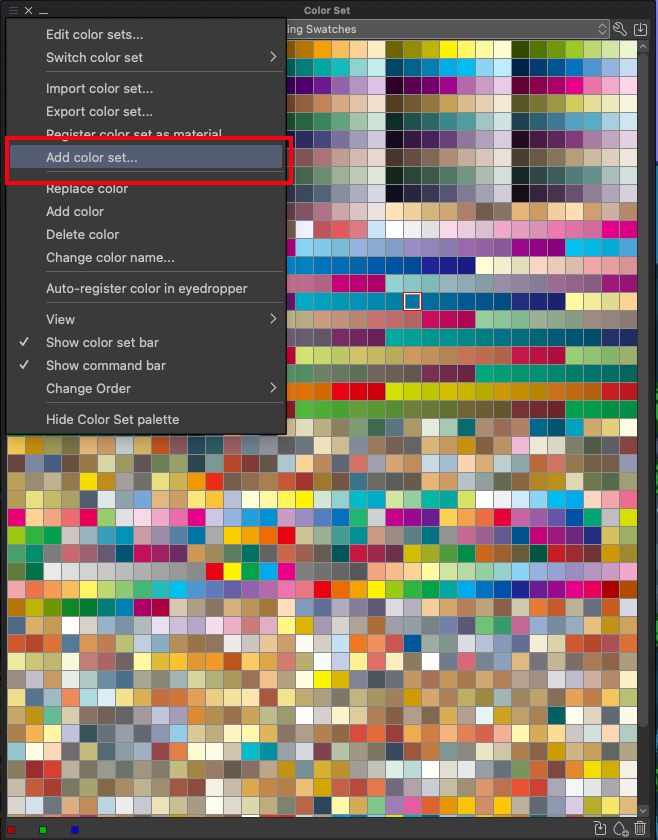 The color Set palette in Clip Studio Paint with a dazzling array of colors. There is a menu open in the top left corner of the palette, with "Add color set..." highlighted.